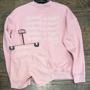 New $146 WILO Pink Probably at Pilates Sweatshirt Shorts Set Viral Tiktok Medium